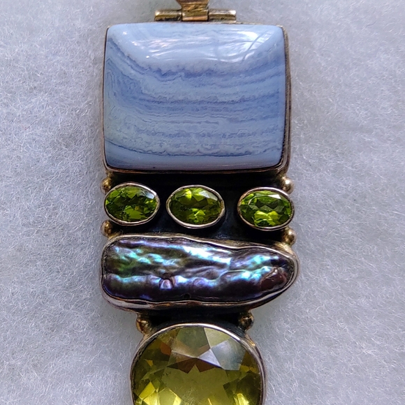 LARGE 925 SILVER MULTI GEM PENDANT, AGATE ABOLENE SHELL, PERIDOT GARNET, HINGED - Picture 2 of 10